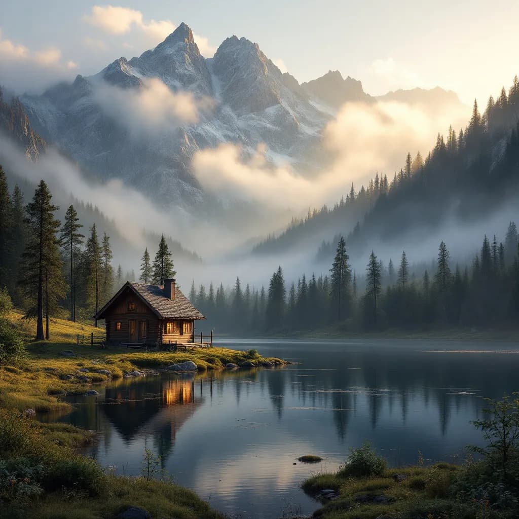 A serene mountain landscape at sunrise, with mist rolling over pine-covered peaks and a cozy cabin by a reflective lake.